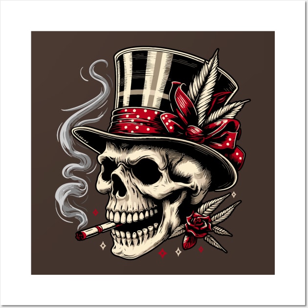 Skull in a hat smoking a cigarette Wall Art by coxemy